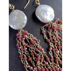 Freshwater pearl and garnet chandelier sterling silver earrings